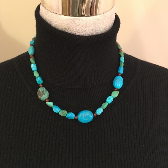 Turquoise Stone Necklace Sterling Clasp 18.5" - Picture 10 of 13